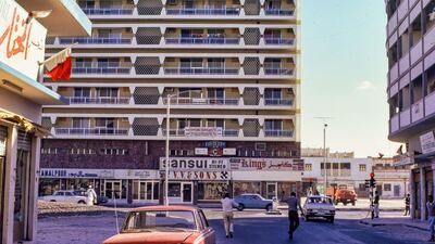 The junction of Fahidi Street and 34th Street in Bur Dubai in the 1970s. The apartment block in the centre is a classic of its time, with clean lines and balconies shaded from the sun.