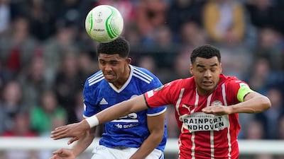 Leicester's Wesley Fofana, left, and PSV's Cody Gakpo in April, 2022. AP