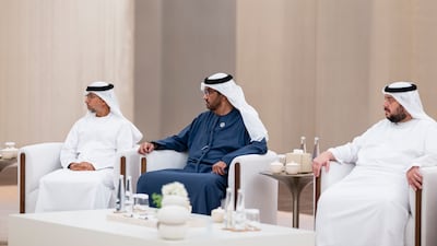 Mohammed Alsuwaidi, Minister of Investment, Dr Sultan Al Jaber, Minister of Industry and Advanced Technology Group, Chief Executive of Adnoc and Chairman of Masdar, and Suhail Al Mazrouei, Minister of Energy and Infrastructure, attend a meeting with Prabowo Subianto, President of Indonesia, not pictured, on his arrival at the Presidential Airport in Abu Dhabi. Abdulla Al Bedwawi / UAE Presidential Court