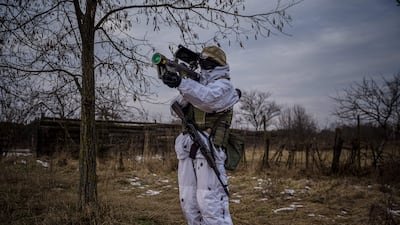A Ukrainian soldier aims a Stinger air-defence missile during a joint military training exercise near the border with Belarus. AFP