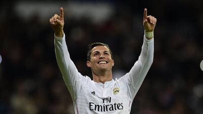 Real Madrid's Cristiano Ronaldo celebrates after scoring his third goal for the record-breaking 23rd La Liga hat-trick on Saturday. Javier Soriano / AFP