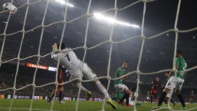 Sandro Ramirez of Barcelona scores one of his three goals in a 6-1 Copa del Rey win on Wednesday night at the Camp Nou over Villanovense. Manu Fernandez / AP