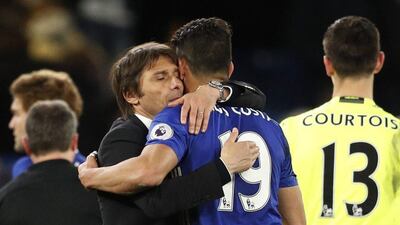 Chelsea manager Antonio Conte celebrates with Diego Costa after the final whistle. John Sibley / Reuters