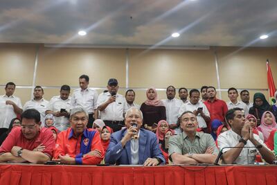 Najib Razak with fellow leaders of the ruling United Malays National Organisation during a press conference in Kuala Lumpur in 2018. EPA
