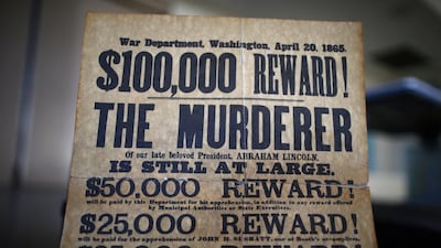 An educational prop showing the reward offered for John Wilkes Booth is seen after Abraham Lincoln presenter and historian John Voehl gave a history lecture to students at Vandenberg Middle School at Vandenberg Air Force Base, California March 27, 2015. Lucy Nicholson / Reuters