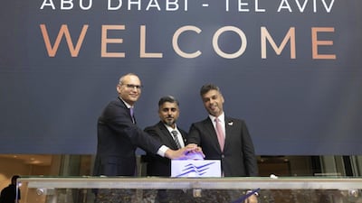 Ittai Ben Zeev, chief executive of Tel Aviv Stock Exchange, Ahmed Al Zaabi, chairman of ADGM and Mohamed Al Khaja, UAE Ambassador to Israel, at the opening bell ceremony of Tel Aviv Stock Exchange on Tuesday. Photo: ADGM