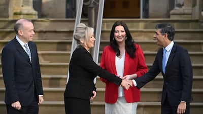First Minister of Northern Ireland, Michelle O'Neill, and Deputy First Minister of Northern Ireland, Emma Little-Pengelly, greet British Prime Minister Rishi Sunak and Northern Ireland Secretary Chris Heaton-Harris at Stormont Castle in Belfast. Getty Images