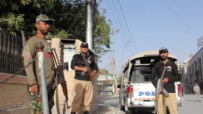 Pakistani security personnel guard a checkpoint in Quetta, Balochistan, after a blast in Mastung district that killed dozens of people. EPA