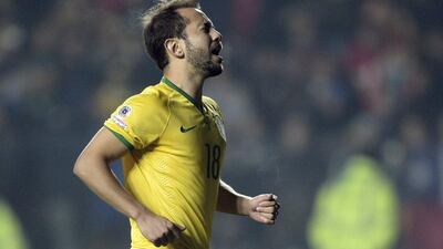 Brazil and Al Ahli midfielder Everton Ribeiro grimaces after missing his penalty in his side’s Copa America quarter-final loss to Paraguay on Saturday. Juan Mabromata / AFP / June 27, 2015