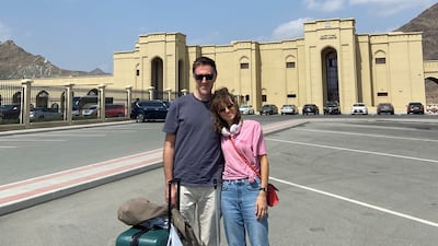 Paul and Natalie Hunter on the UAE-Oman boarder after three-days of travel. Photo: Natalie Hunter