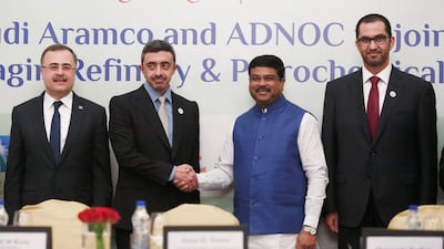 From left, Saudi Aramco chief executive Amin Nasser, Sheikh Abdullah bin Zayed, Minister for Foreign Affairs, India's oil minister Dharmendra Pradhan and Adnoc chief executive Ahmed Al Jaber at the signing ceremony for the refinery deal in New Delhi, India. Adnan Abidi/Reuters