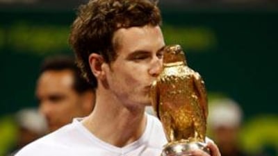 The British tennis star Andy Murray celebrates after winning the ATP Qatar open against Andy Roddick in Doha, Qatar.