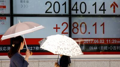 Women holding parasols, look at an electronic board showing Japan's Nikkei average outside a brokerage in Tokyo, Japan. REUTERS/Toru Hanai/File Photo