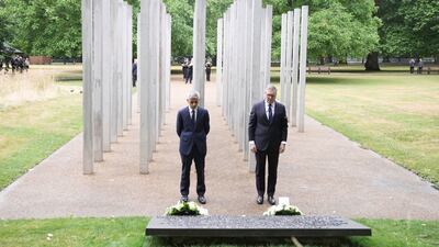 Mayor of London Sadiq Khan, left, and Prime Minister Keir Starmer lay a wreath at the July 7 Memorial in Hyde Park, London, on Monday. PA