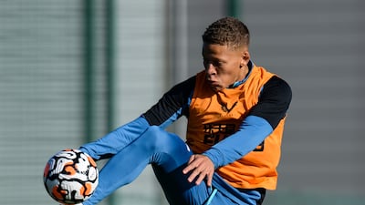 Dwight Gayle controls the ball mid air during the Newcastle United training session.