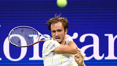 Daniil Medvedev of Russia returns to Grigor Dimitrov of Bulgaria in their US Open men's semi-final. Reuters