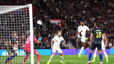 Raheem Sterling of England scores his side's first goal during the Euro 2020 qualifier against Kosovo at St. Mary's Stadium in Southampton in September. All photos by Getty Images