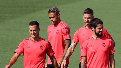 From left to right: Real Madrid players Lucas Vazquez, Mariano, Sergio Ramos, and Isco during training. EPA