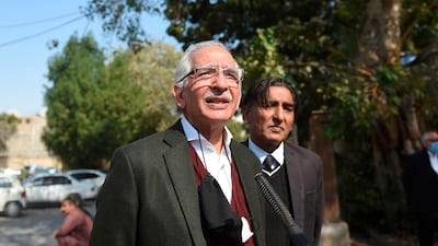 Mahmood Sheikh, lawyer of British-born militant Ahmed Omar Saeed Sheikh, speaks to media representatives after the high court ordered the man’s release in the murder case of American journalist Daniel Pearl. AFP