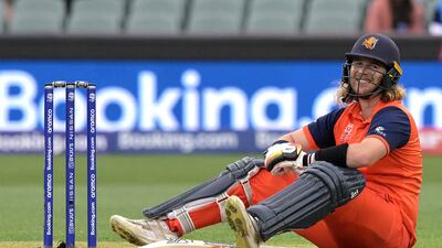 Netherlands' Max O'Dowd reacts as he falls over. AFP