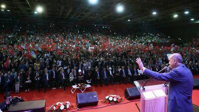 Turkey's president Recep Tayyip Erdogan addresses supporters at an election rally in the Bosnian capital of Sarajevo on May 20, 2018. Presidential Press Service / Pool via AP