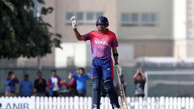 Paras Khadka of Nepal celebrating after scoring his century. Pawan Singh/The National