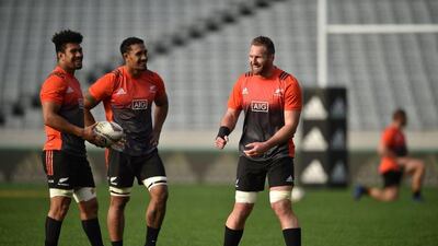 New Zealand captain Kieran Read, right, with Jerome Kaino, centre, and Ardie Savea, left, during a training session at Eden Park ahead of the first test against the British & Irish Lions on Saturday. Peter Parks / AFP
