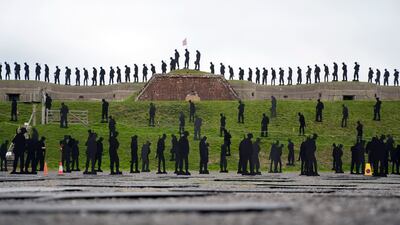 The Standing with Giants installation on display in Portsmouth, southern England, marking 81 years since troops set sail to fight in the Second World War. PA