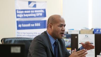 Danilo Calape, a Philippine social security system official in Abu Dhabi, says not enough Filipinos are saving for their future by contributing Dh50 to D150 a month to their retirement funds. He blames low pay, lack of time and remittance costs. Christopher Pike / The National