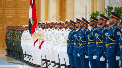 Members of the UAE honour guard at Qasr Al Watan. Abdulla Al Bedwawi / UAE Presidential Court
