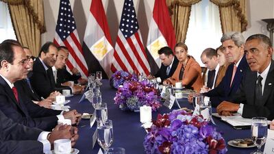Egypt's president Abdel Fattah El Sisi, far left, in a meeting with US president Barack Obama, far right, in New York on September 25, 2014 on the sidelines of the United Nations General Assembly. Kevin Lamarque/Reuters