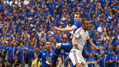 Hungary defender Roland Juhasz (R) in action against Iceland forward Jon Dadi Bodvarsson (2nd R) during the Euro 2016 Group F football match between Iceland and Hungary at the Stade Velodrome in Marseille on June 18, 2016. Anne-Christine Poujoulat / AFP
