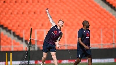 England's Ben Stokes bowls during practice. AFP