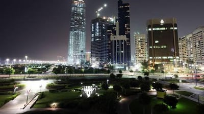An overview of the use of electricity in downtown Abu Dhabi at night.