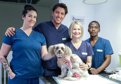 The efforts of German Veterinary Clinic staff (from left to right) Nora Shackleford, Dr Vito Castellana, Dr. Katrin Jahn and Simba Bamhamire has been hailed as an Eid miracle by thankful pet owner Samer Ol-Ogidi. Victor Besa/The National