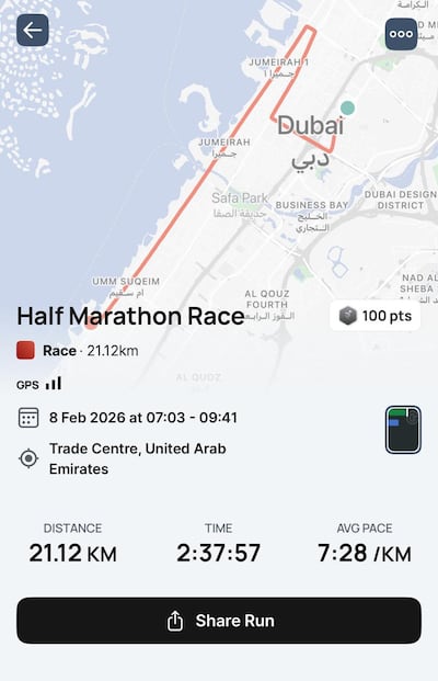 Farah Andrews used the Runna app to train for the Burj2Burj Half Marathon. Farah Andrews / The National