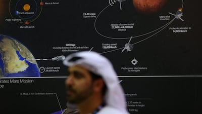 A space mission to Mars map sits on the wall of the UAE Space Agency exhibition stand at the Dubai Air Show last November. Jasper Juinen / Bloomberg