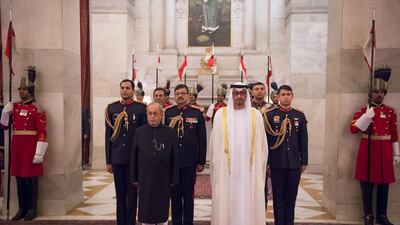 Pranab Mukherjee, President of India, and Sheikh Mohammed bin Zayed at a dinner reception at Rashtrapati Bhavan. Mohamed Al Suwaidi / Crown Prince Court - Abu Dhabi