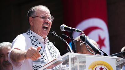 General Secretary of the Tunisian General Labour Union, Noureddine Taboubi, gives a speech during a rally in Tunis. AP
