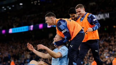 Erling Haaland celebrates scoring City's second goal in their 3-0 win over West Ham. Reuters