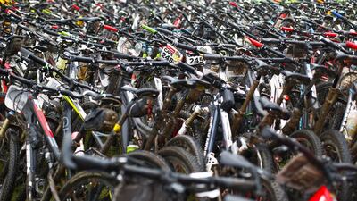 Mountain bikes are packed in an enclosure prior to being washed at the end of Stage 1 of the Absa Cape Epic mountain bike race on Monday. Nic Bothma / EPA