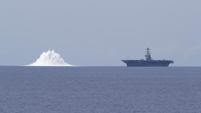 The aircraft carrier USS Gerald R. Ford (CVN 78) completes the first scheduled explosive event of Full Ship Shock Trials while underway in the Atlantic Ocean, June 18, 2021. The US Navy conducts shock trials of new ship designs using live explosives to confirm that warships can continue to meet demanding mission requirements under harsh conditions they might encounter in battle. Photo: US Navy