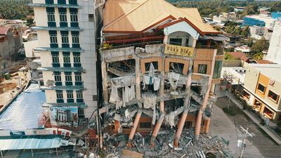epa07961839 An aerial shot taken with a drone shows a damaged hotel in the aftermath of a 6.5 magnitude earthquake, in Kidapawan city, Cotabato province, Philippines, 31 October 2019. According to the United States Geological Survey (USGS), a 6.5 magnitude earthquake occurred at a depth of 10km near Bulatukan, Cotabato province, on 31 October. It is the third strong earthquake the area has experienced this month. EPA/CERILO EBRANO