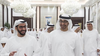 Sheikh Mohammed bin Zayed with Sheikh Hamdan bin Zayed, the Ruler’s Representative in the Western Region, left, during an iftar reception with Al Jazira Football Club members. With them is Jaber Al Suwaidi, General Director of the Crown Prince Court - Abu Dhabi, back right. Ryan Carter / Crown Prince Court - Abu Dhabi