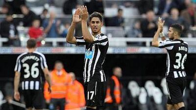 Newcastle United goal scorer Ayoze Perez celebrates after their 1-0 win over Liverpool in their English Premiership match at the Sports Direct stadium in Newcastle, Britain, on November 1, 2014. EPA/LINDSEY PARNABY