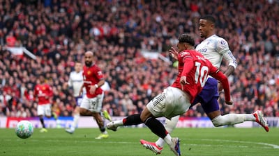 Matheus Cunha scores against Aston Villa at Old Trafford. Getty Images