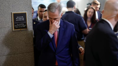 US House Speaker Kevin McCarthy reacts after a House Republican conference meeting at the US Capitol in Washington, on September 27, 2023. Reuters