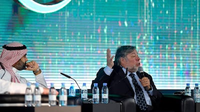 Apple co-founder Steve Wozniak (R) speaks during a hackathon in Jeddah on July 31, 2018, prior to the start of the annual Hajj pilgrimage in the holy city of Mecca. More than 3,000 software developers and 18,000 computer and information-technology enthusiasts from more than 100 countries take part in Hajj hackathon in Jeddah until August 3. / AFP PHOTO / Matthieu CLAVEL