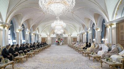 Sheikh Mohammed bin Zayed, Crown Prince of Abu Dhabi and Deputy Supreme Commander of the UAE Armed Forces (back right), receives Shinzo Abe, Prime Minister of Japan (back left), at the Presidential Palace. Mohamed Al Hammadi / Crown Prince Court - Abu Dhabi