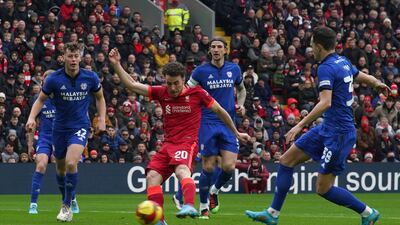 Liverpool's Diogo Jota misses an early chance to open the scoring at Anfield. PA